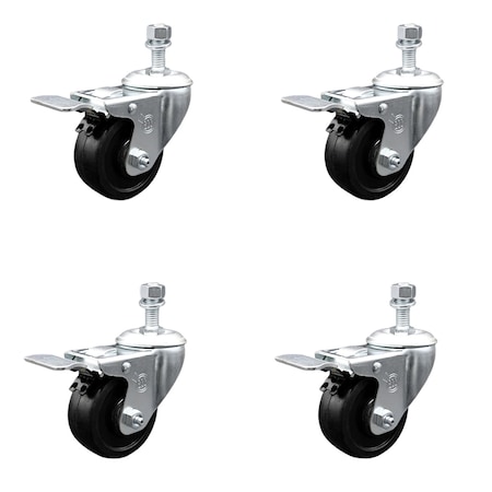 Service Caster 3 Inch SS Soft Rubber Swivel 3/8 Inch Threaded Stem Caster Set Total Lock Brake SCC-SSTSTTL20S314-SRS-381615-4